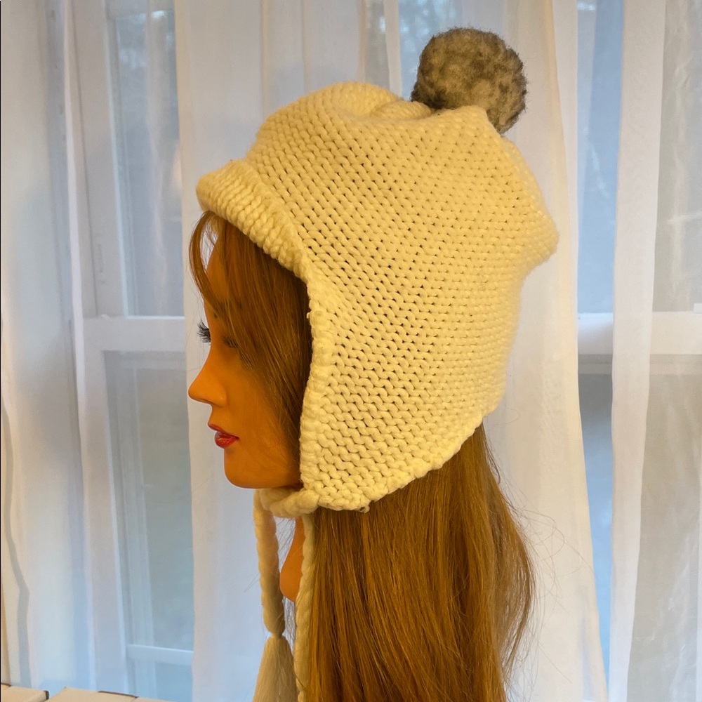 Cozy off white Knit Pom-Pom Hat with braided ties and tassels (one size)